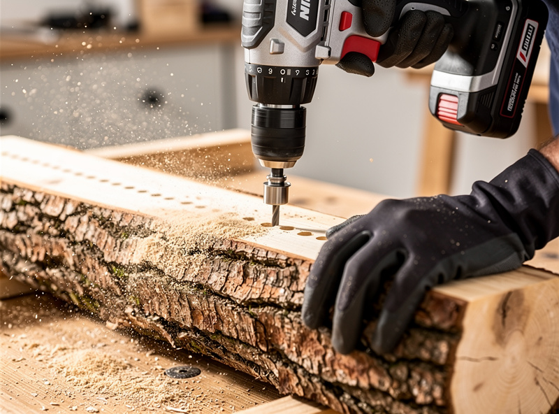 Hardwood mushroom logs being drilled in a diamond pattern with a battery drill and angled drill bit in a backyard