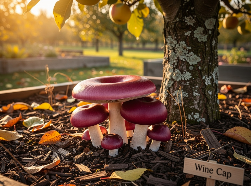 Wine cap (king stropharia) mushrooms emerging from a hardwood chip garden bed under a fruit tree in autumn light