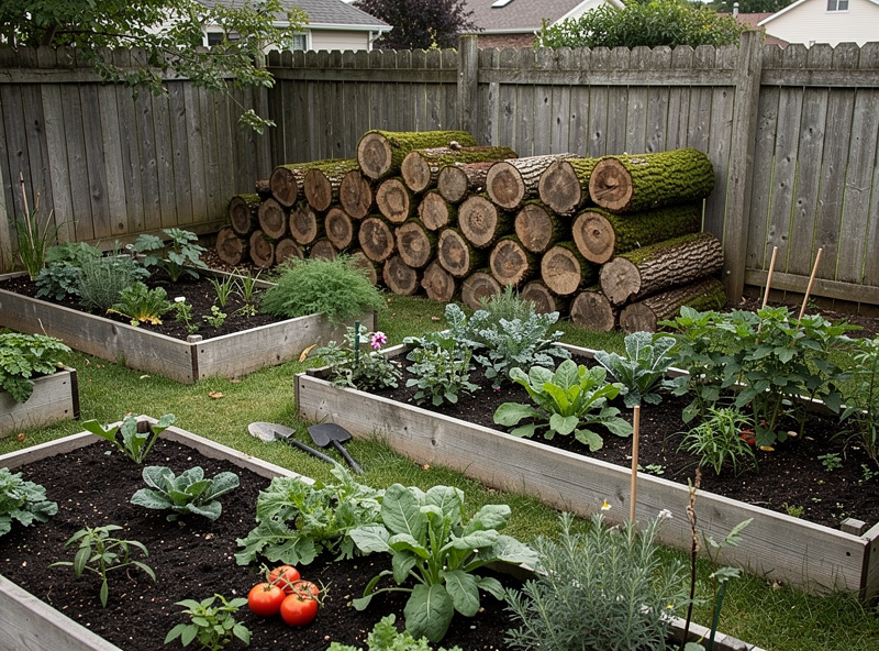 A backyard garden with mushroom logs leaning against a wooden fence in shaded north-side placement, with garden beds visible nearby