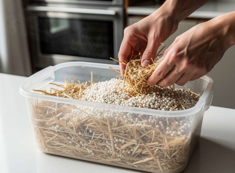 Hands mixing pasteurized straw substrate with mushroom grain spawn in a plastic tub