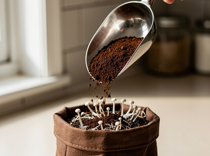 Coffee grounds being added to a small grow bag with mushroom mycelium visible