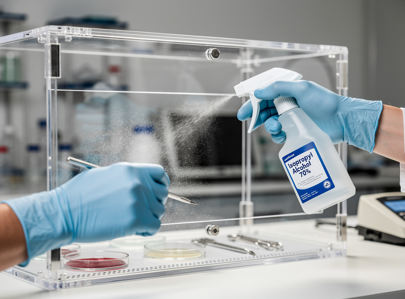 Person in gloves using still air box with isopropanol for sterile technique