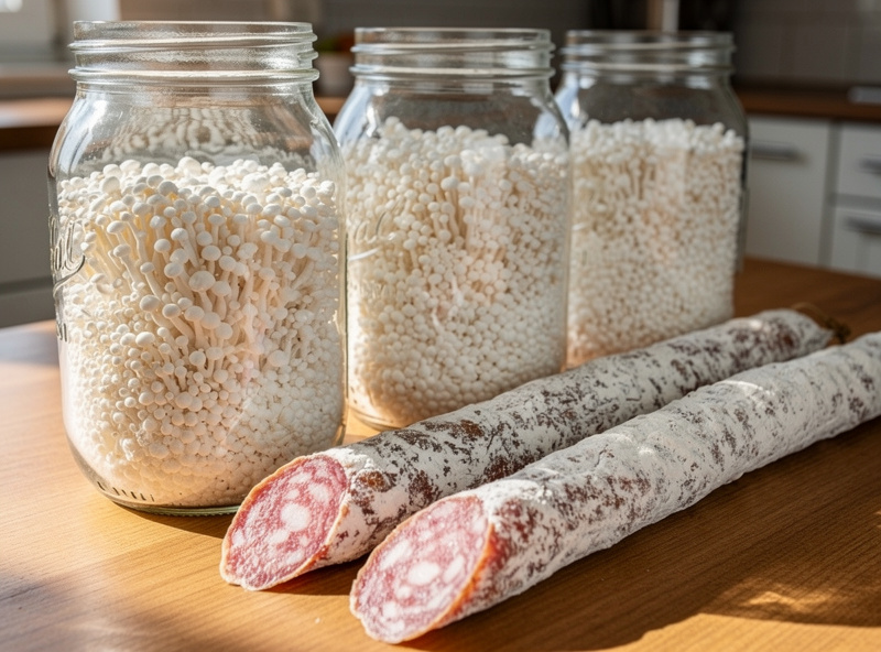 Grain jars with white mycelium next to salami with white Penicillium mold
