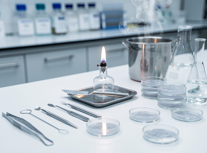 Laboratory clean setup with alcohol lamp and sterile tools for cultivation
