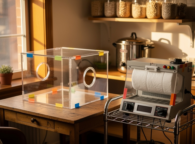 Editorial photograph of a small home mycology lab corner with both a still air box and a flow hood positioned together along with mason jars and a pressure cooker