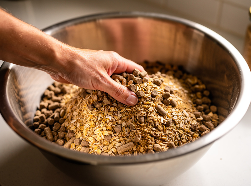 Hardwood pellet sawdust and wheat bran being mixed in a stainless bowl before hydration for mushroom substrate