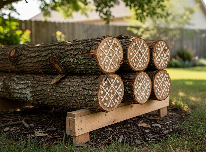 Stack of freshly inoculated hardwood mushroom logs with white wax-sealed plug-spawn holes drilled in a diamond pattern