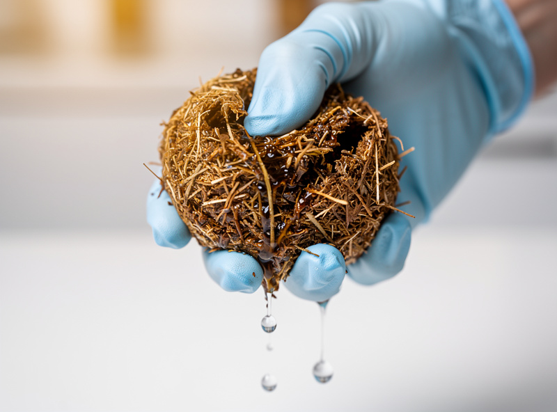 A gloved hand squeezing prepared mushroom substrate showing the field-capacity test with a few drops of water