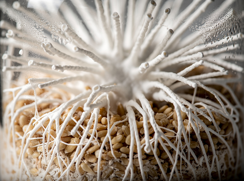 Macro view of healthy white rhizomorphic mushroom mycelium with thick rope-like strands radiating across grain spawn