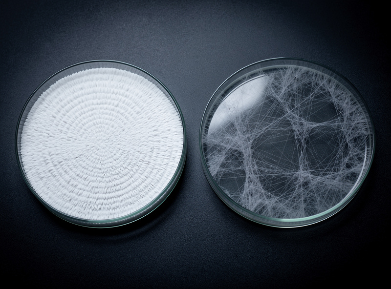 Two petri dishes side by side showing healthy white mycelium on left and wispy gray cobweb-like contamination on right