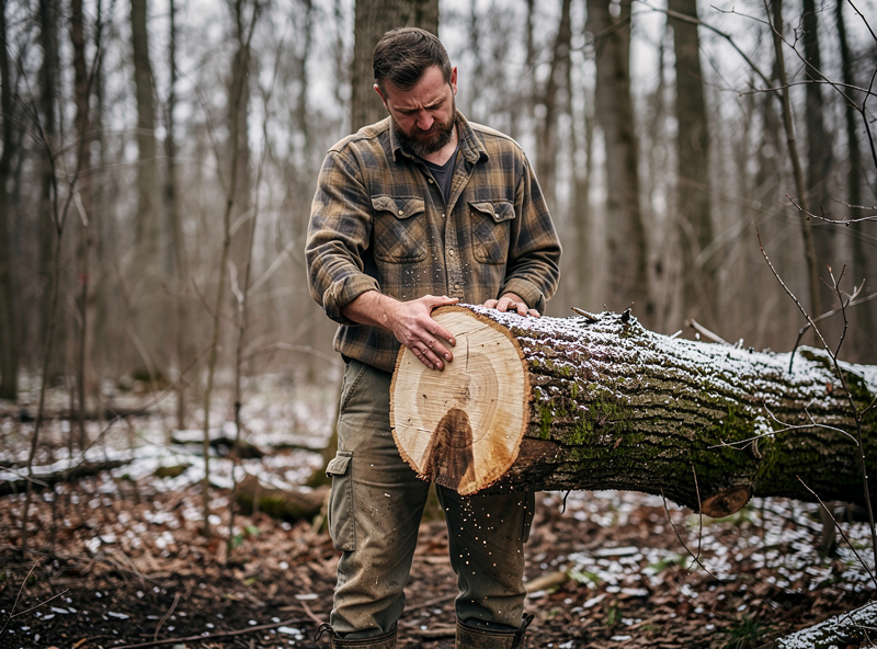 Forester examining a freshly cut oak branch in late winter with bare deciduous trees in the background showing optimal log harvest conditions