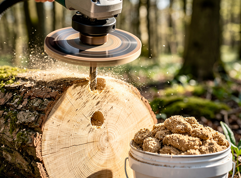 Detailed close-up of an angle grinder with diamond drill bit creating fresh holes in a freshly cut oak log with sawdust spawn nearby