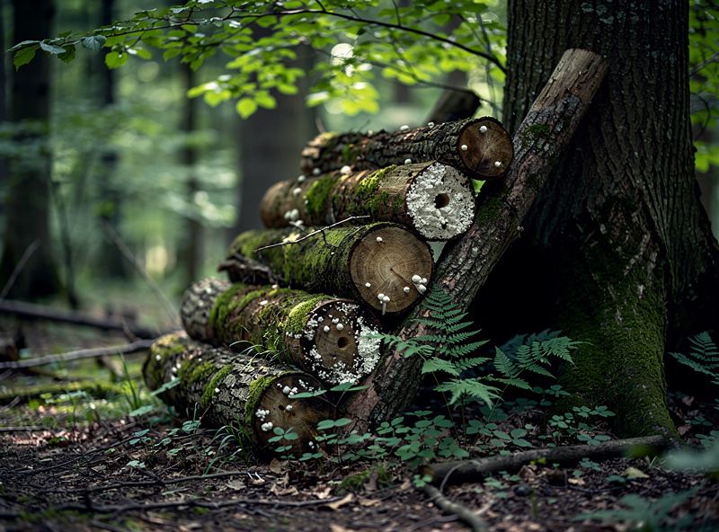 Stack of inoculated mushroom logs leaning against a tree trunk in a shady forest grove with dappled green light from late spring foliage
