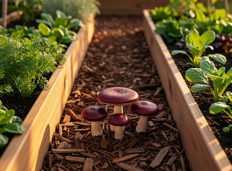 Garden pathway between raised vegetable beds covered with hardwood chip mulch, several burgundy-capped wine cap mushrooms emerging through the chips, late spring afternoon light