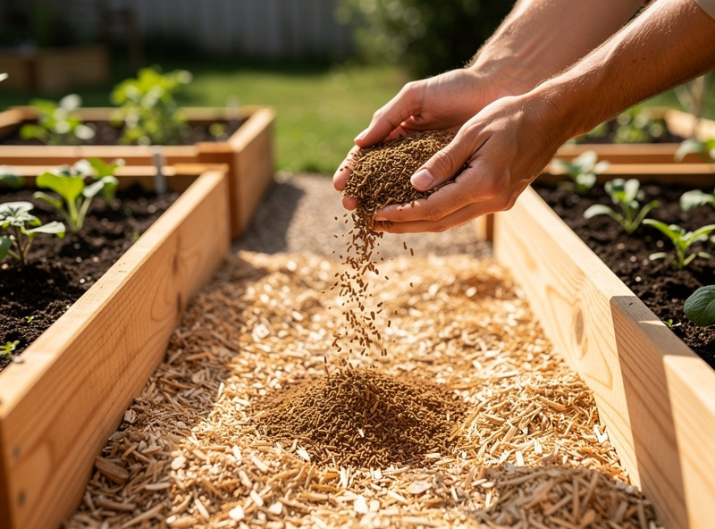Hands sprinkling brown sawdust spawn over a layer of fresh hardwood chips in a garden pathway, raised cedar vegetable beds visible on either side, late spring morning light