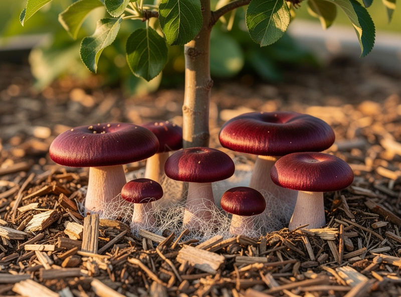 A cluster of mature burgundy-capped wine cap mushrooms emerging from hardwood chip mulch around the base of an apple tree, the chips visible underneath with white mycelium threading through