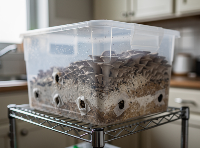 A clear plastic monotub fruiting chamber on a wire shelf in a small apartment kitchen, oyster mushrooms pinning inside, tidy and compact setup