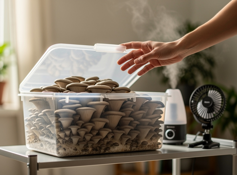 A grower fanning fresh air into an open shotgun fruiting chamber of oyster mushrooms in an apartment, small fan and humidifier nearby