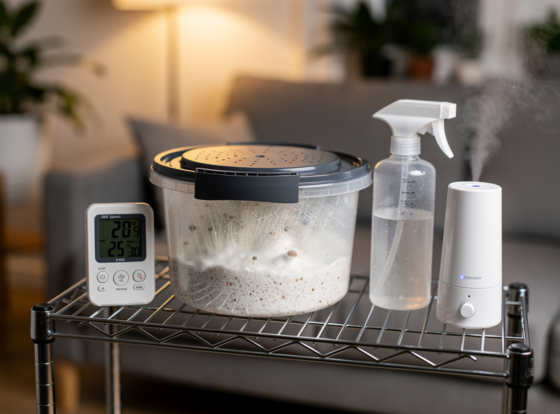 A complete compact apartment mushroom grow shelf with a monotub, hygrometer, spray bottle and small humidifier neatly arranged on a wire rack