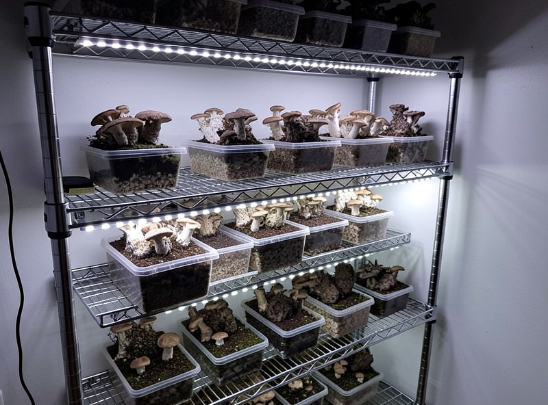 LED daylight strip mounted along a wire shelf edge illuminating fruiting mushroom blocks evenly