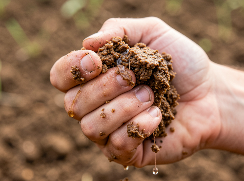 A fistful of hydrated CVG bulk substrate being squeeze-tested for field capacity, a few drops of water