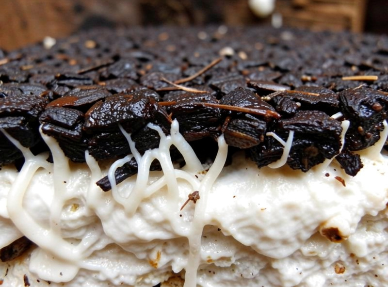 A peat and lime casing layer being spread evenly over a colonized mushroom substrate