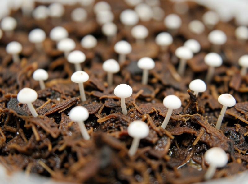 Button mushroom pins forming through a moist peat and lime casing layer
