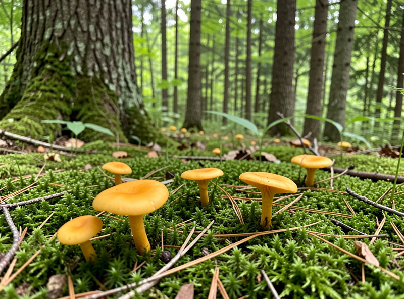 Scattered golden chanterelles growing singly from mossy soil under hardwood trees in summer
