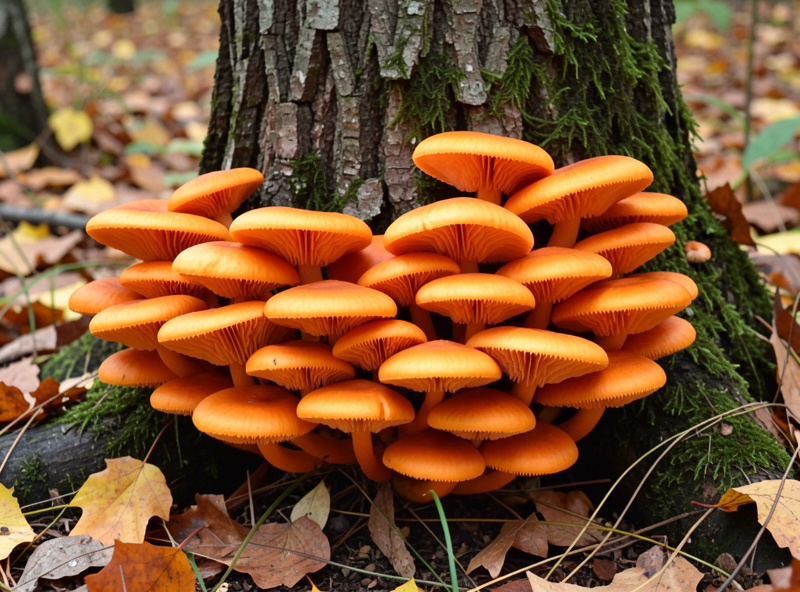 Cluster of toxic jack-o-lantern mushrooms with sharp orange gills growing at the base of a tree