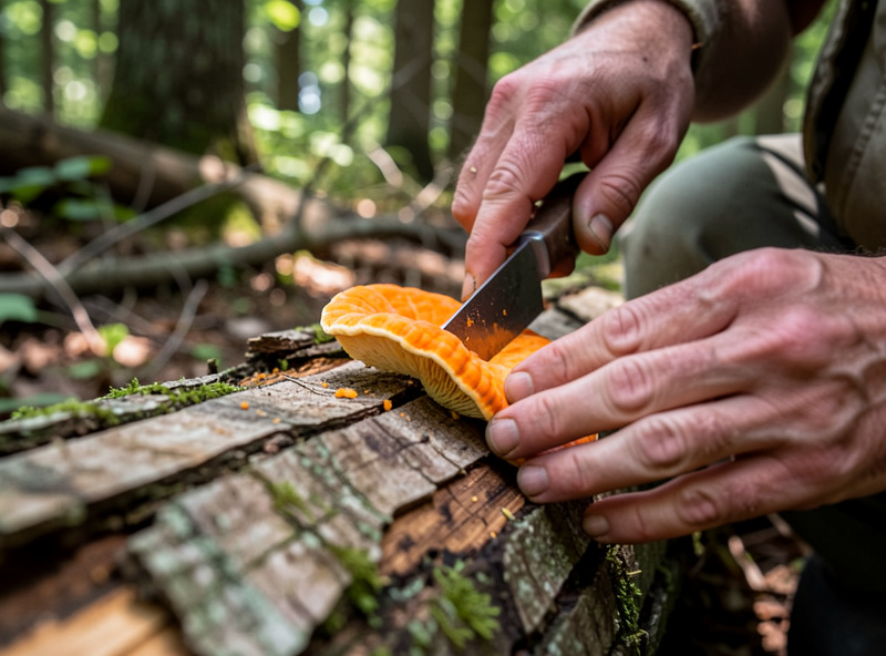 Forager cutting the soft young outer edge of a chicken of the woods bracket from a log
