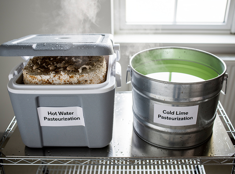 Side-by-side comparison of a steaming hot-water pasteurization cooler and a barrel of cold lime-water pasteurization for mushroom substrate