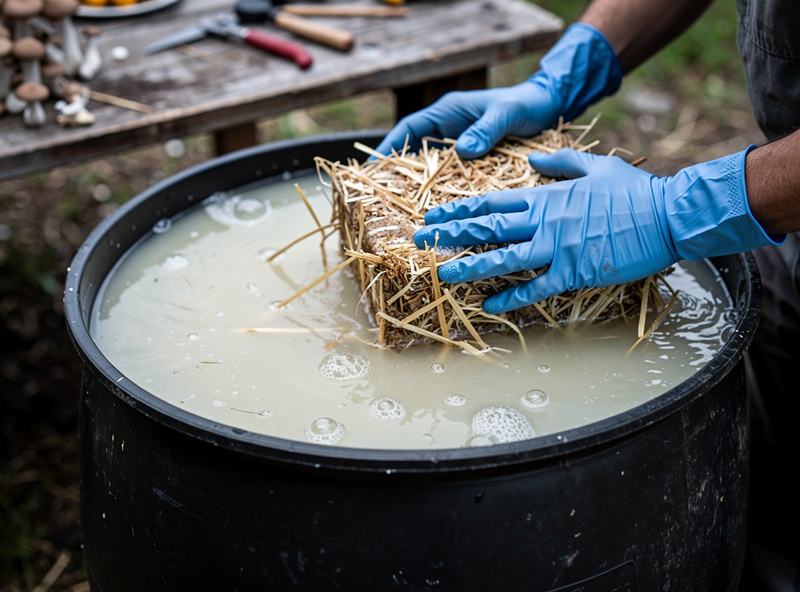 Chopped substrate submerged and weighted under cold lime water in a barrel for cold pasteurization, gloved hands