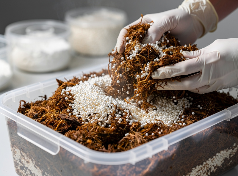 Drained pasteurized substrate cooled and being mixed with white grain spawn inside a clean tub ready to bag
