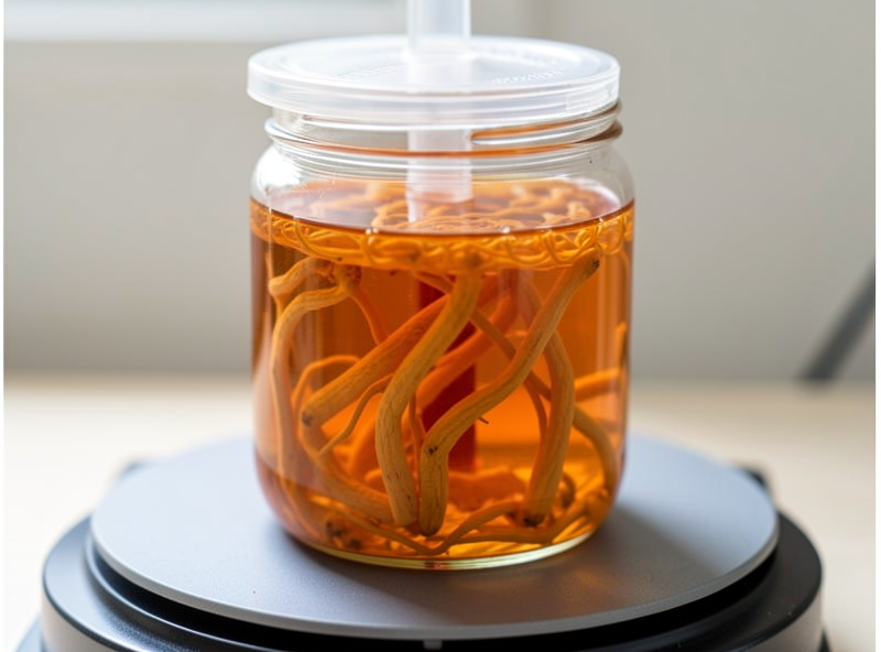 Glass jar of orange-amber cordyceps liquid culture with mycelial growth on a magnetic stir plate