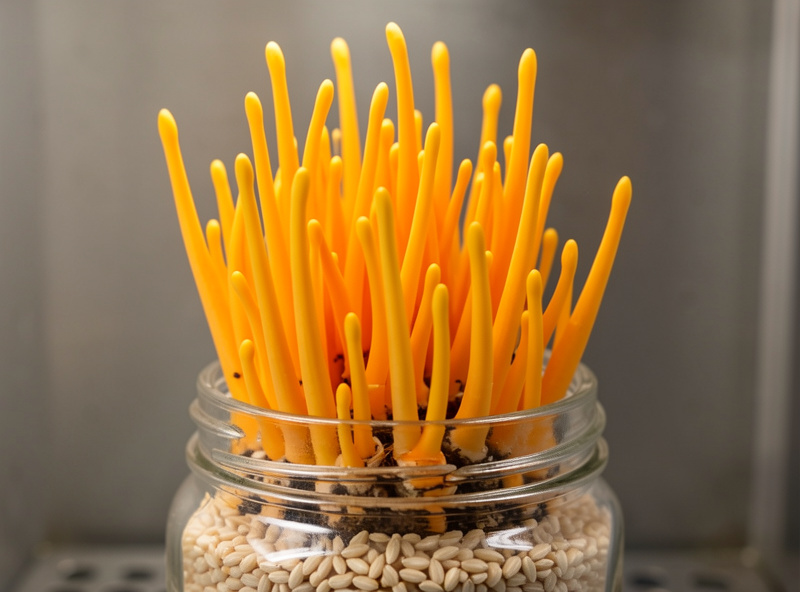 Bright orange cordyceps militaris fruiting bodies emerging from a jar in a fruiting chamber