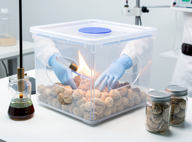Clear tote still air box with gloved hands doing a sterile transfer beside an alcohol lamp