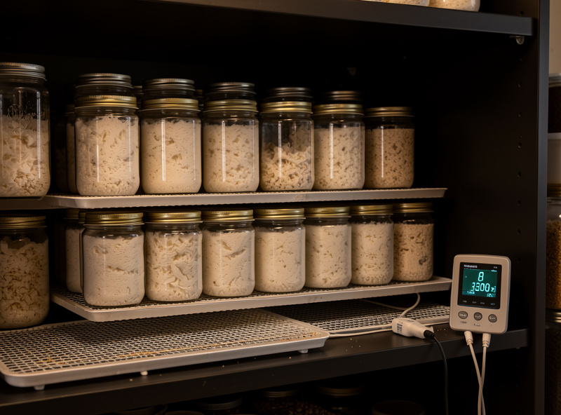 Incubation shelf of grain spawn jars colonizing over a heat mat with a temperature controller