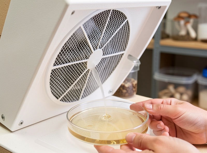 DIY laminar flow hood with HEPA filter and blower delivering clean air over an agar work surface