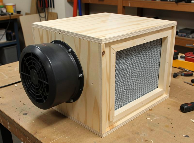 Sealed plenum box with centrifugal blower mounted to a HEPA filter for a homemade flow hood