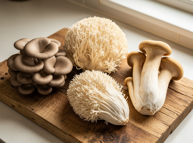A variety of beginner-friendly gourmet mushrooms including pearl oyster, lion's mane and king oyster arranged on a wooden board
