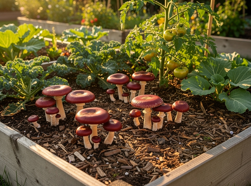 A garden wine cap mushroom bed in wood chips with several burgundy-capped Stropharia mushrooms emerging among vegetable plants