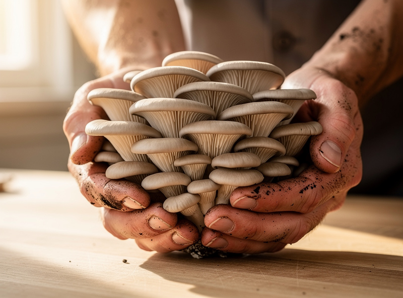 A freshly harvested cluster of pearl oyster mushrooms held in two hands, showing the high yield from an easy beginner species