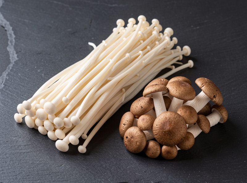 Comparison of long pale cultivated enoki stems beside short brown wild-form velvet foot caps on a dark surface