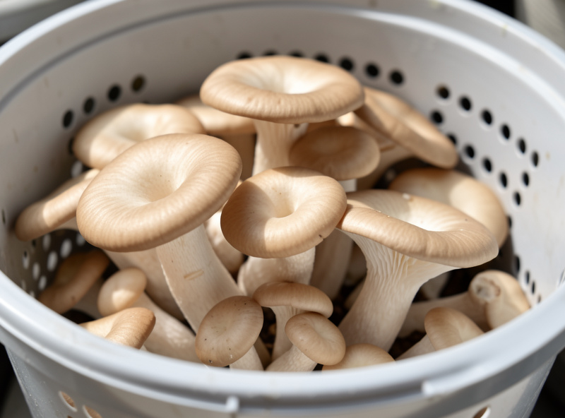 Healthy short-stemmed oyster mushrooms with broad caps fruiting in a well-ventilated tub