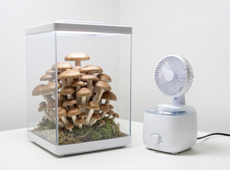 A small circulation fan and humidifier set up beside a fruiting mushroom chamber