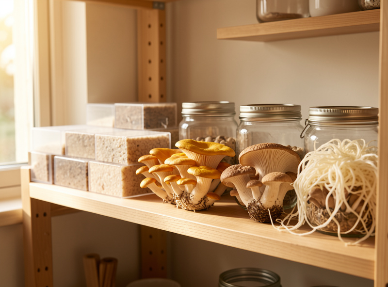 Home cultivation shelf with multiple gourmet mushroom species fruiting on clear blocks and jars in warm window light
