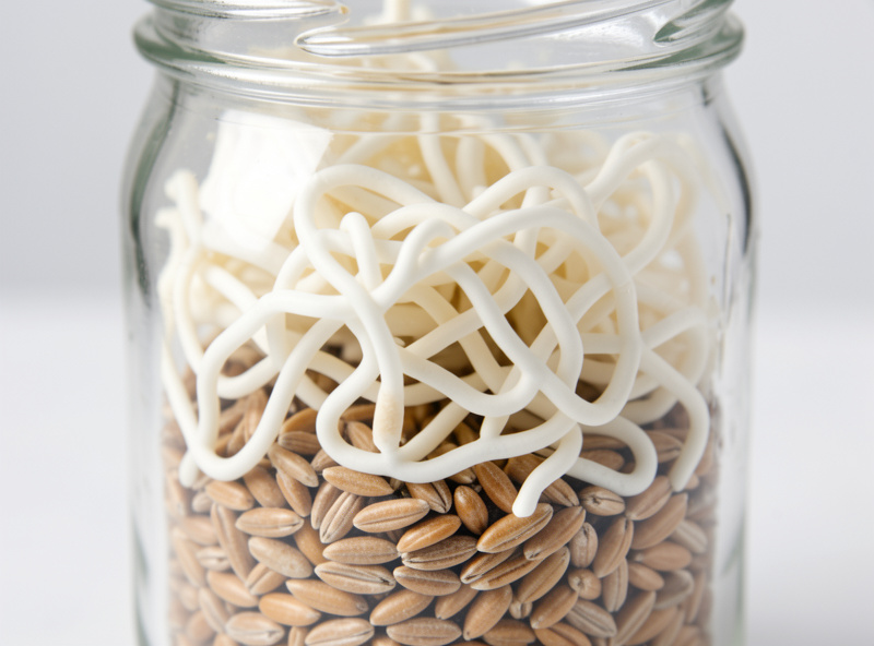 Macro close-up of healthy white rhizomorphic mycelium fully colonizing rye grain in a glass jar
