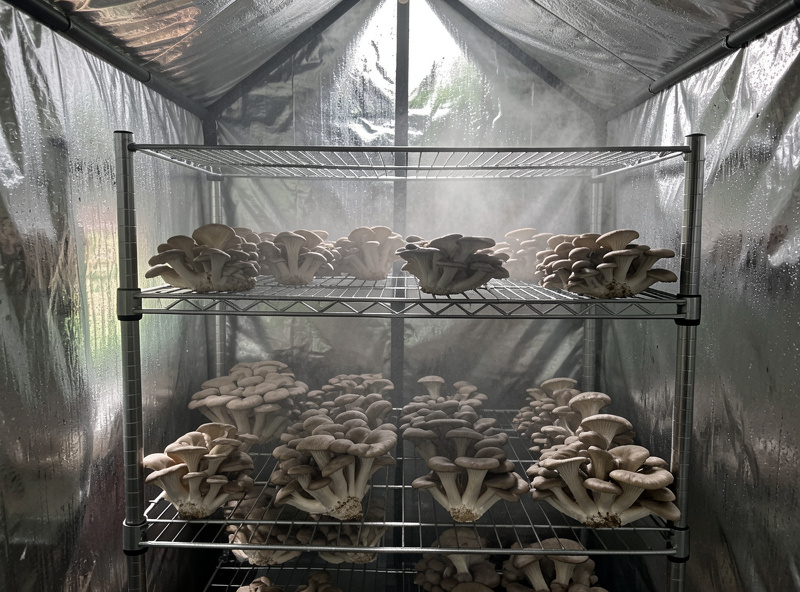 Interior of a Martha-style fruiting tent with humidity mist and clusters of fresh gourmet mushrooms on shelves