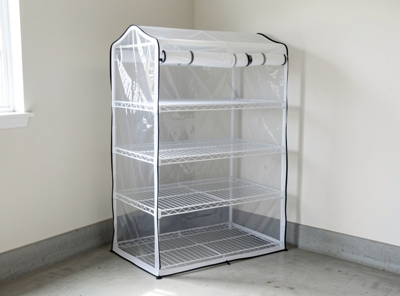 An empty four-tier plastic zip-up mini greenhouse with wire shelves standing in a garage corner