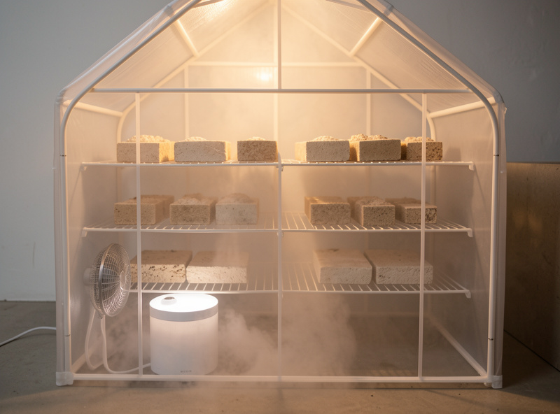 A mini greenhouse converted to a fruiting room with a humidifier fogging and blocks on the shelves